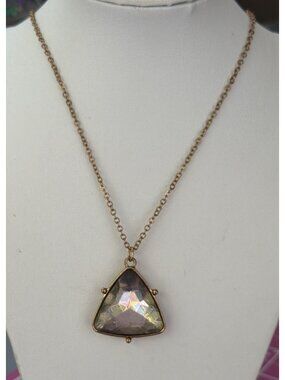 Gold Tone Smoky Glass Triangle Pendant Necklace Geometric Adjustable 29"